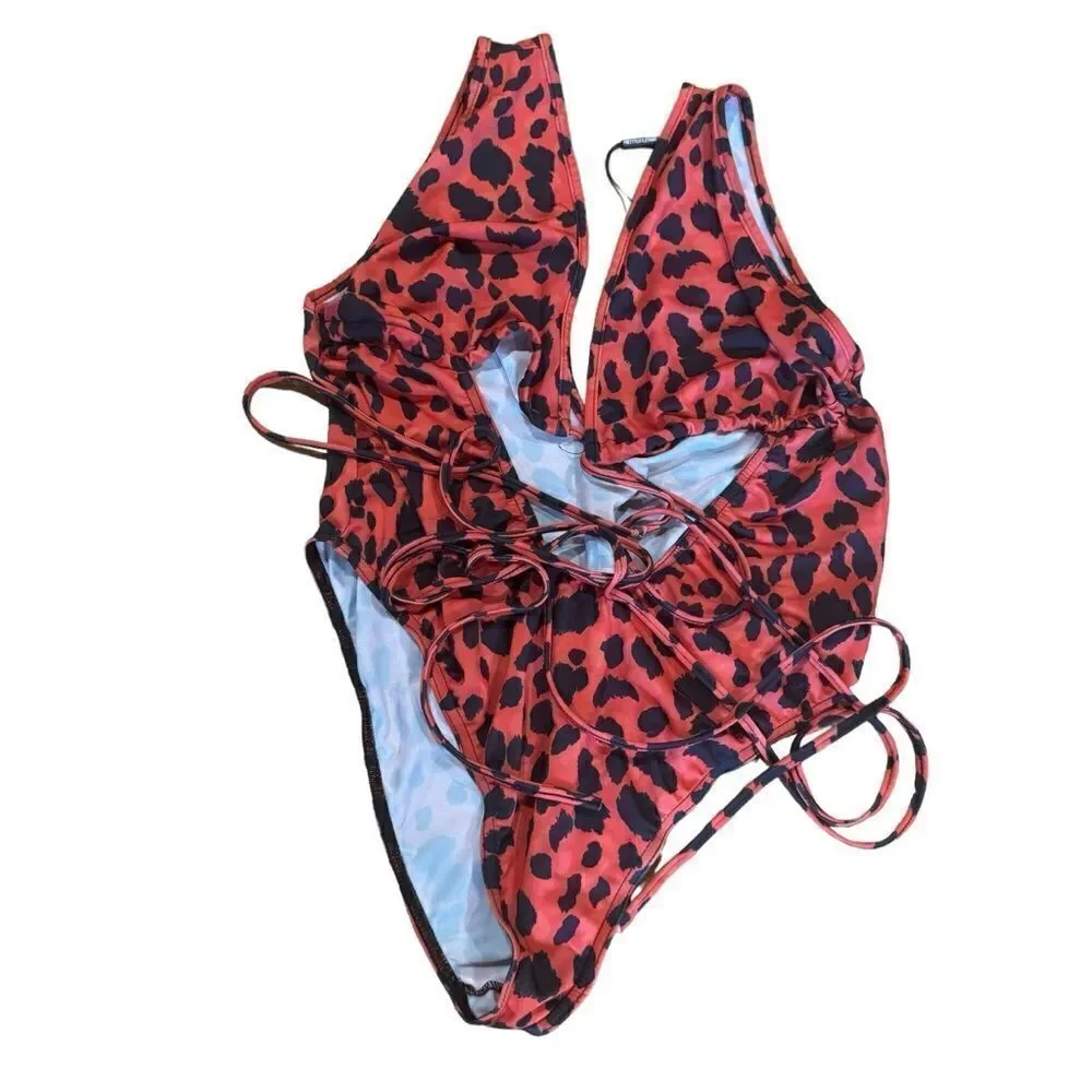 Prettylittlething Red Leopard Cut Out Wrap Around Swimsuit One Piece
